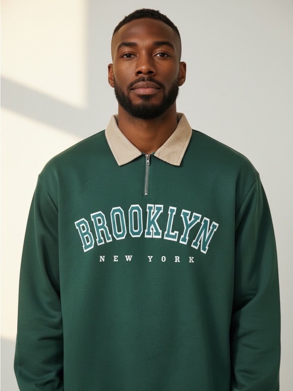 Brooklyn NY Green Quarter-Zip Corduroy Collar Sweatshirt Collegiate Casual SZ L